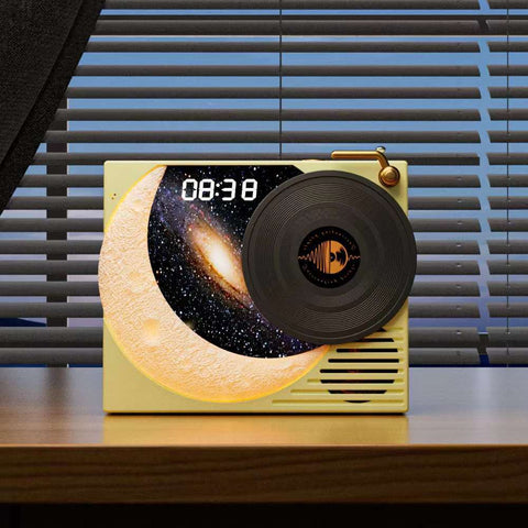 Retro Vinyl Bluetooth Speaker With Moon Ambient Light Clock 360 Surround Sound Yellow Audio Docks & Mini Speakers