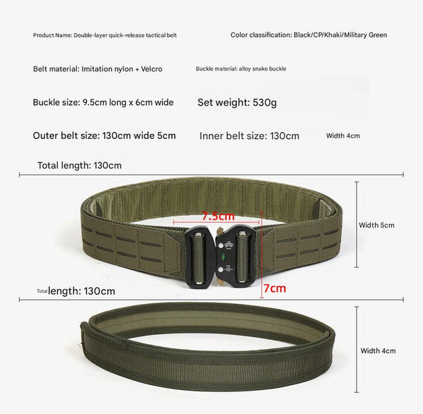 Dual Layer Quick Release Tactical Belt Attachment System Alloy Cobra Buckle Adjustable Nylon(Khaki) Belts