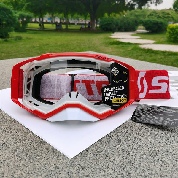 Performance Motocross & Off Road Goggles Increased Impact Protection With Lens Lock System White And Red Frame Transparent Piece Sunglasses Goggles