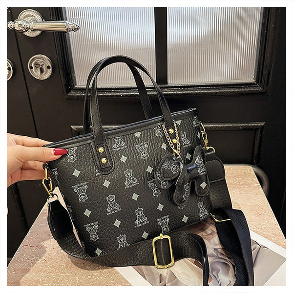 Chic Print Tote Bag With Bear Charm Versatile Handbag & Crossbody(Black) Women's Bags & Handbags