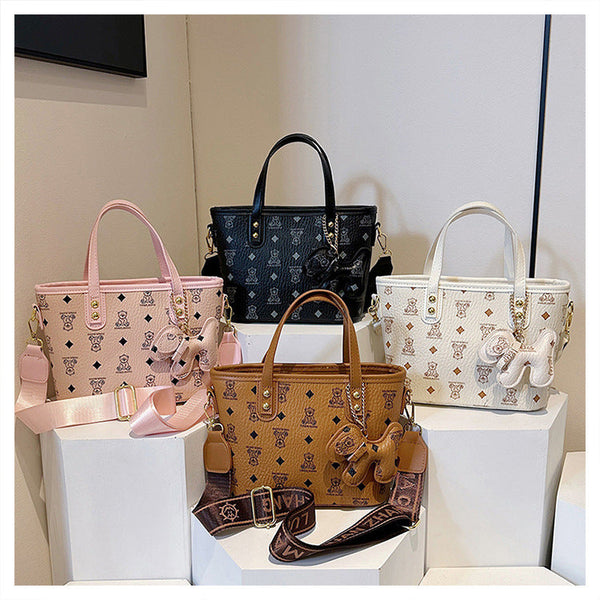 Chic Print Tote Bag With Bear Charm Versatile Handbag & Crossbody(Black) Women's Bags & Handbags