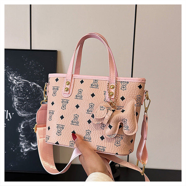Chic Print Tote Bag With Bear Charm Versatile Handbag & Crossbody(Black) Women's Bags & Handbags