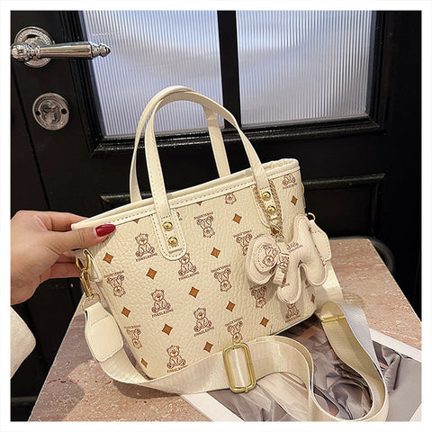 Chic Print Tote Bag With Bear Charm Versatile Handbag & Crossbody(Beige) Women's Bags & Handbags