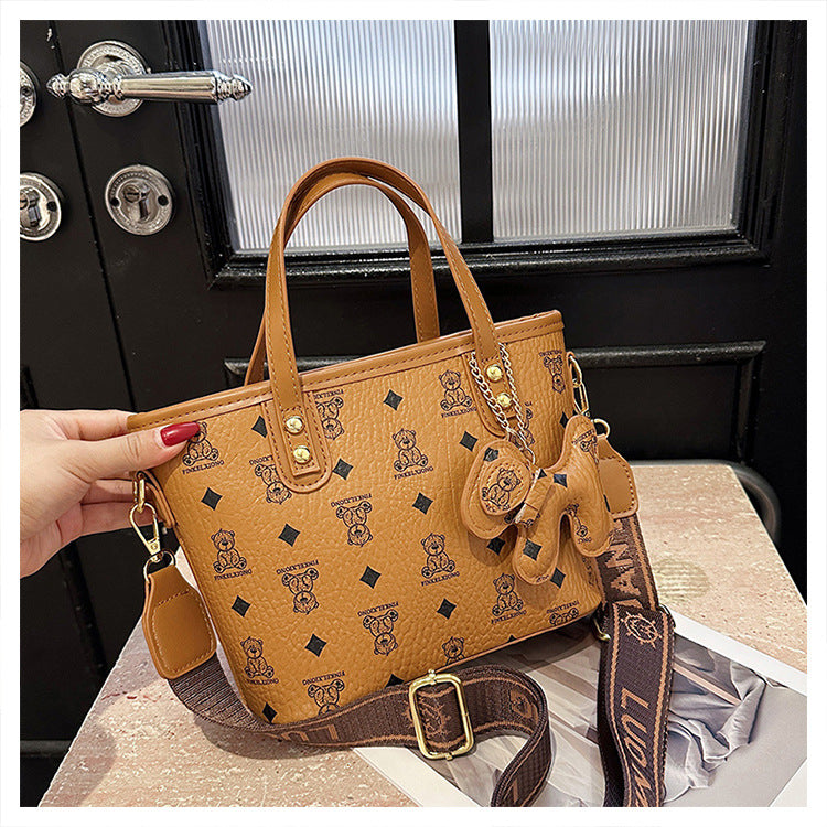 Chic Print Tote Bag With Bear Charm Versatile Handbag & Crossbody(Brown) Women's Bags & Handbags