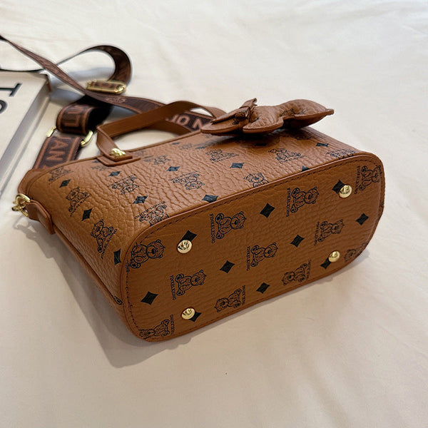 Chic Print Tote Bag With Bear Charm Versatile Handbag & Crossbody(Brown) Women's Bags & Handbags