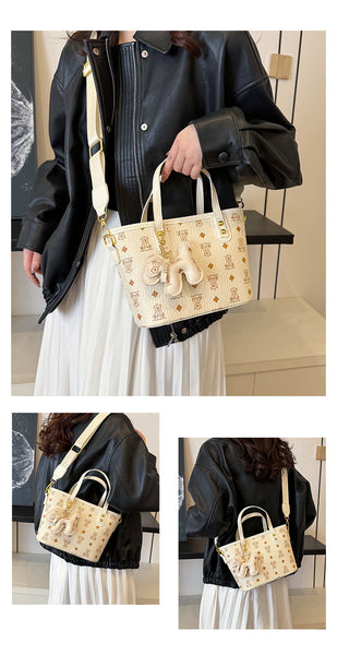 Chic Print Tote Bag With Bear Charm Versatile Handbag & Crossbody(Brown) Women's Bags & Handbags