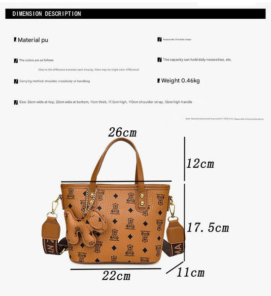 Chic Print Tote Bag With Bear Charm Versatile Handbag & Crossbody(Brown) Women's Bags & Handbags