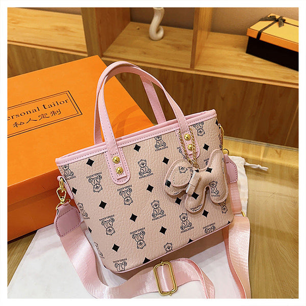 Chic Print Tote Bag With Bear Charm Versatile Handbag & Crossbody(Pink) Women's Bags & Handbags