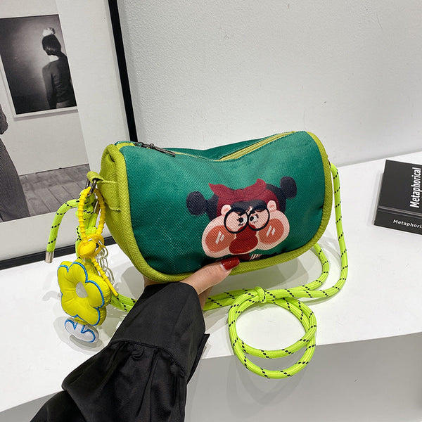 Whimsical Cartoon Girl Crossbody Bag Lightweight Canvas With Adjustable Rope Strap & Flower Charm (Green) Women's Bags & Handbags