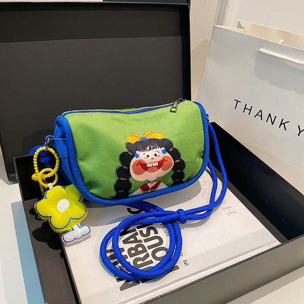 Whimsical Cartoon Girl Crossbody Bag Lightweight Canvas With Adjustable Rope Strap & Flower Charm(Fruit Green) Women's Bags & Handbags