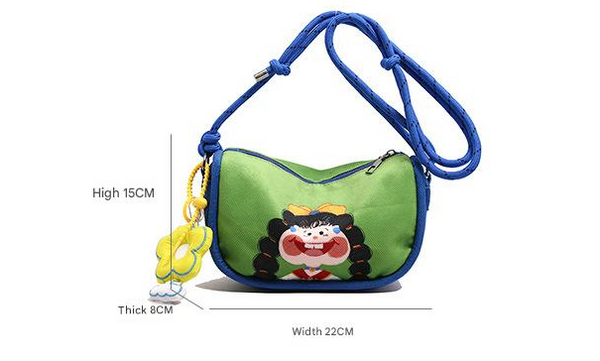 Whimsical Cartoon Girl Crossbody Bag Lightweight Canvas With Adjustable Rope Strap & Flower Charm(Fruit Green) Women's Bags & Handbags