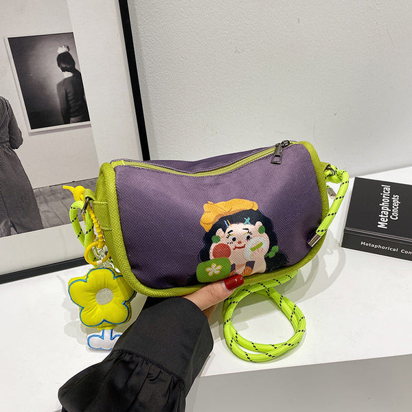 Whimsical Cartoon Girl Crossbody Bag Lightweight Canvas With Adjustable Rope Strap & Flower Charm Purple Women's Bags & Handbags