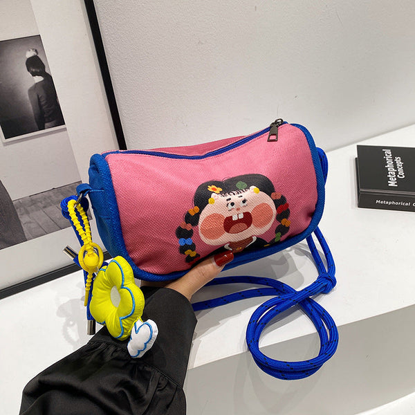 Whimsical Cartoon Girl Crossbody Bag Lightweight Canvas With Adjustable Rope Strap & Flower Charm(Pink) Women's Bags & Handbags