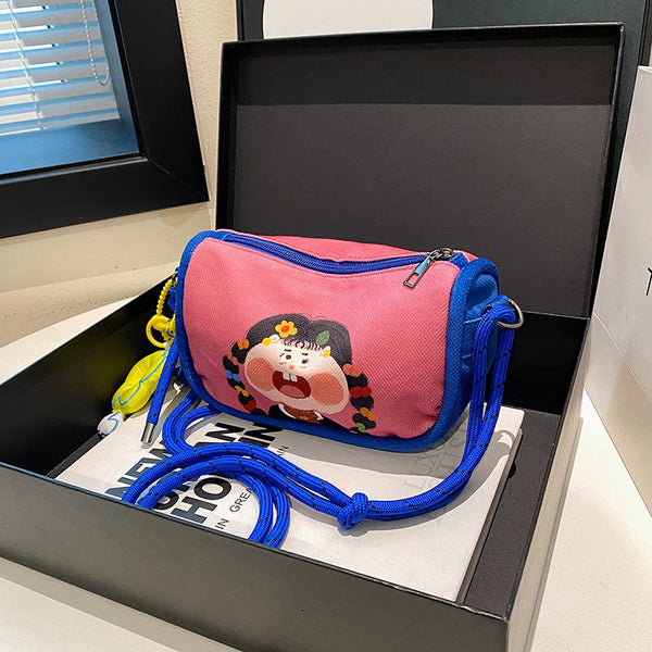 Whimsical Cartoon Girl Crossbody Bag Lightweight Canvas With Adjustable Rope Strap & Flower Charm(Pink) Women's Bags & Handbags