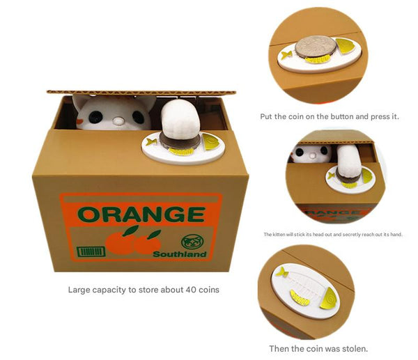 Adorable Cat Stealing Coin Piggy Bank Automatic Money Saving Box For Kids & Adults(Orange And White Cat) Money Boxes