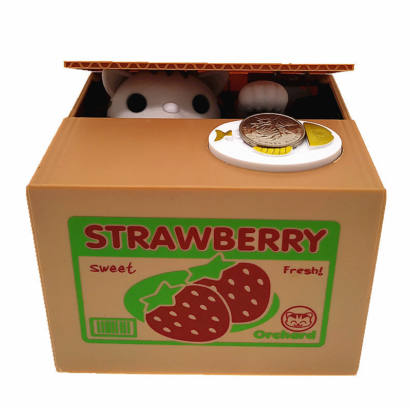 Adorable Cat Stealing Coin Piggy Bank Automatic Money Saving Box For Kids & Adults(Strawberry White Cat) Money Boxes