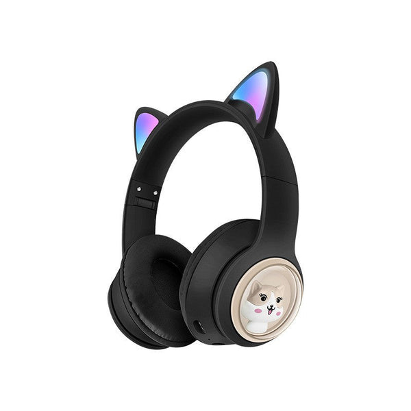 Elosung Cute Cat Ear Wireless Bt5.3 Led Lights Tf Card Slot Soft Protein Padding(Black) Headphones