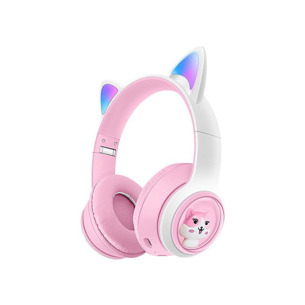 Cute Cat Ear Wireless Bt5.3 Led Lights Tf Card Slot Soft Protein Padding(Pink) Headphones