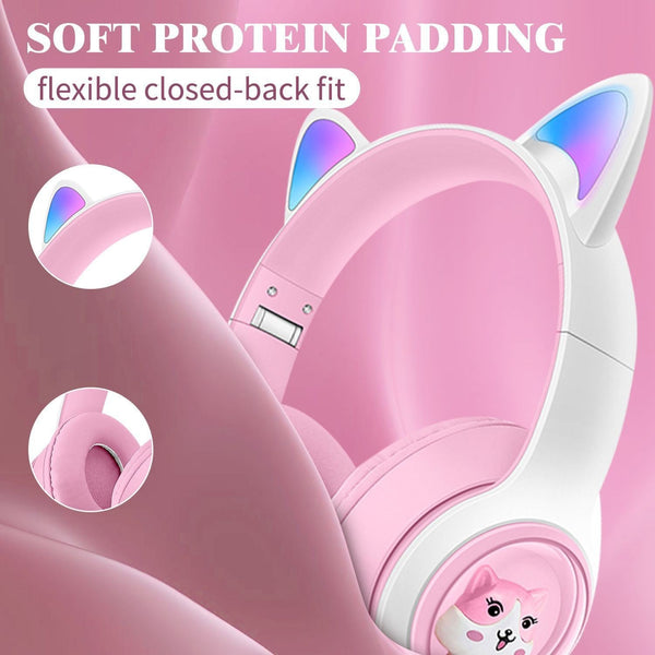 Cute Cat Ear Wireless Bt5.3 Led Lights Tf Card Slot Soft Protein Padding(Pink) Headphones