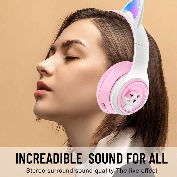 Cute Cat Ear Wireless Bt5.3 Led Lights Tf Card Slot Soft Protein Padding(Pink) Headphones