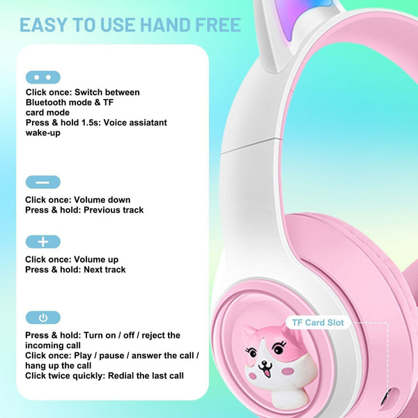 Cute Cat Ear Wireless Bt5.3 Led Lights Tf Card Slot Soft Protein Padding(Pink) Headphones