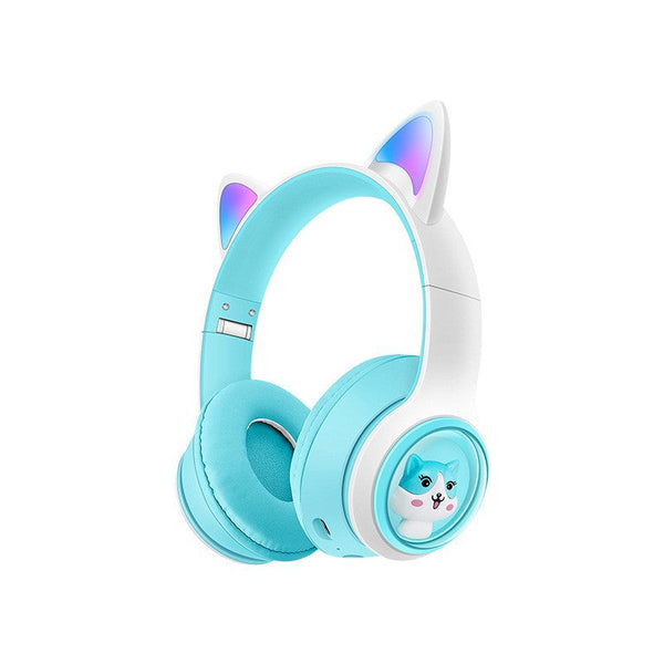 Cute Cat Ear Wireless Bt5.3 Led Lights Tf Card Slot Soft Protein Padding(Blue) Headphones