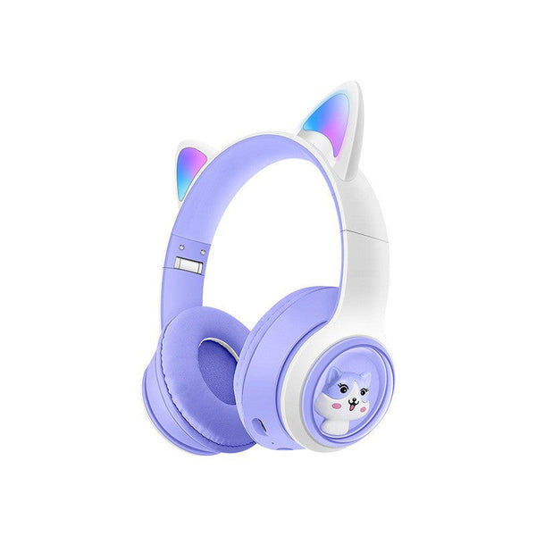 Cute Cat Ear Wireless Bt5.3 Led Lights Tf Card Slot Soft Protein Padding(Purple) Headphones