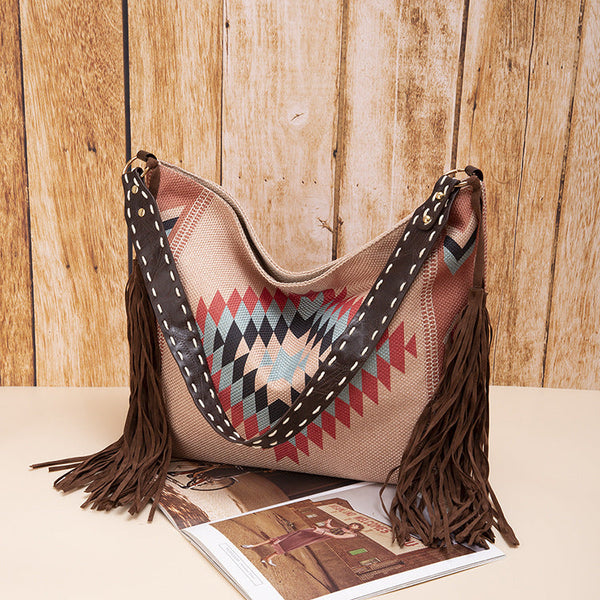 Bohemian Style Canvas Hobo Bag With Tassels & Geometric Print Large Capacity Shoulder Bag(Khaki) Women's Bags & Handbags