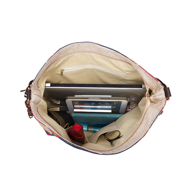 Bohemian Style Canvas Hobo Bag With Tassels & Geometric Print Large Capacity Shoulder Bag(Khaki) Women's Bags & Handbags