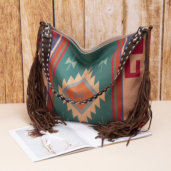 Bohemian Style Canvas Hobo Bag With Tassels & Geometric Print Large Capacity Shoulder Bag(Green) Women's Bags & Handbags