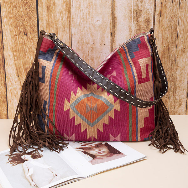Bohemian Style Canvas Hobo Bag With Tassels & Geometric Print Large Capacity Shoulder Bag(Purple) Women's Bags & Handbags