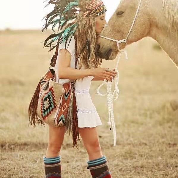 Bohemian Style Canvas Hobo Bag With Tassels & Geometric Print Large Capacity Shoulder Bag(Purple) Women's Bags & Handbags