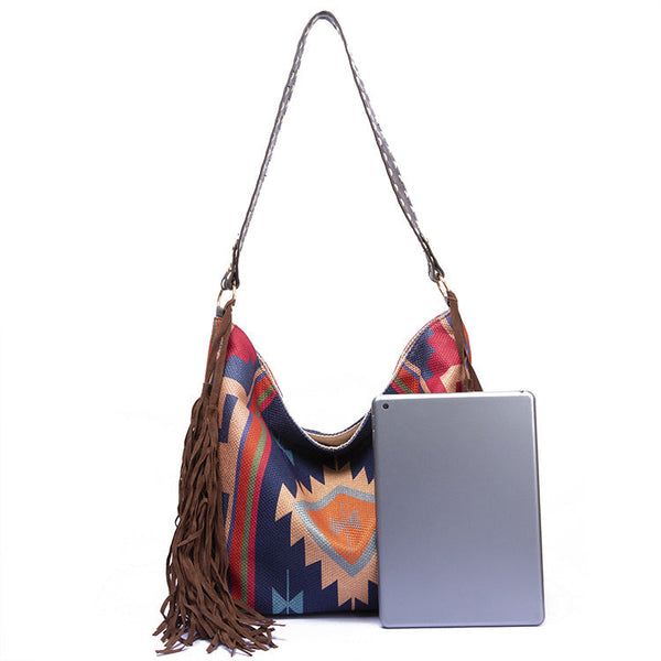 Bohemian Style Canvas Hobo Bag With Tassels & Geometric Print Large Capacity Shoulder Bag(Purple) Women's Bags & Handbags
