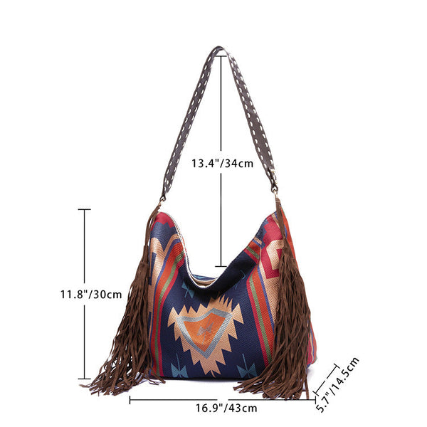 Bohemian Style Canvas Hobo Bag With Tassels & Geometric Print Large Capacity Shoulder Bag(Purple) Women's Bags & Handbags