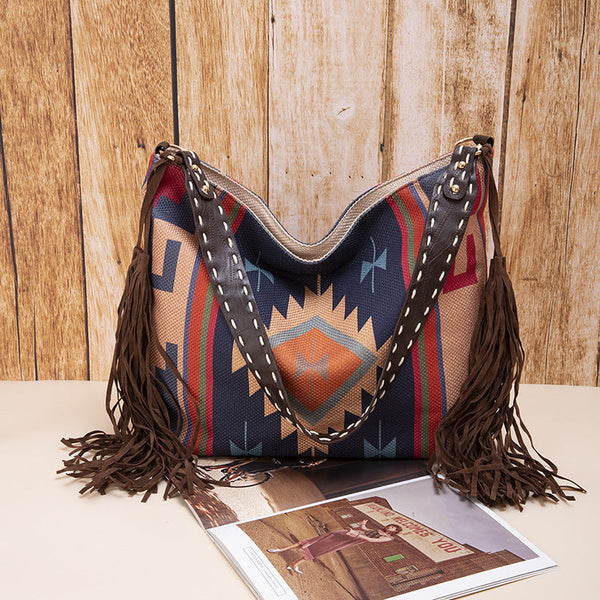 Bohemian Style Canvas Hobo Bag With Tassels & Geometric Print Large Capacity Shoulder Bag(Blue) Women's Bags & Handbags
