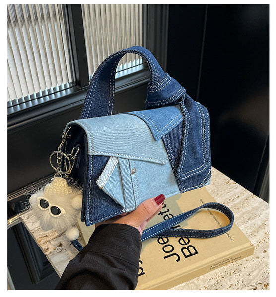 Chic Patchwork Denim Handbag Versatile Crossbody Shoulder & Top Handle Bag(White) Women's Bags & Handbags