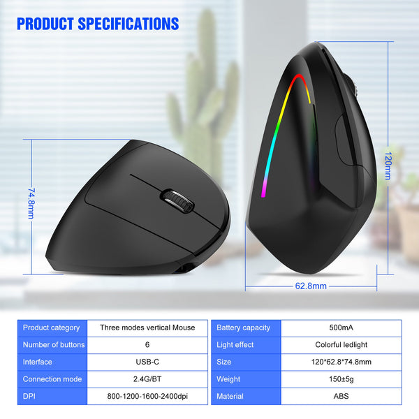 Ergonomic Vertical Wireless Mouse 2.4G/Bluetooth Rechargeable Rgb Light Dpi Levels(Pink) Keyboard & Mouse Bundles