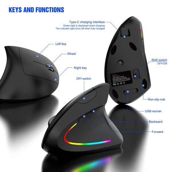 Ergonomic Vertical Wireless Mouse 2.4G/Bluetooth Rechargeable Rgb Light Dpi Levels(Grey) Keyboard & Mouse Bundles