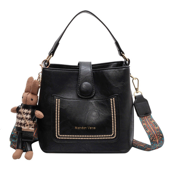 Style Pu Leather Bucket Bag With Wide Patterned Strap & Optional Bunny Charm Black Women's Bags & Handbags