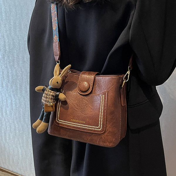 Style Pu Leather Bucket Bag With Wide Patterned Strap & Optional Bunny Charm Black Women's Bags & Handbags