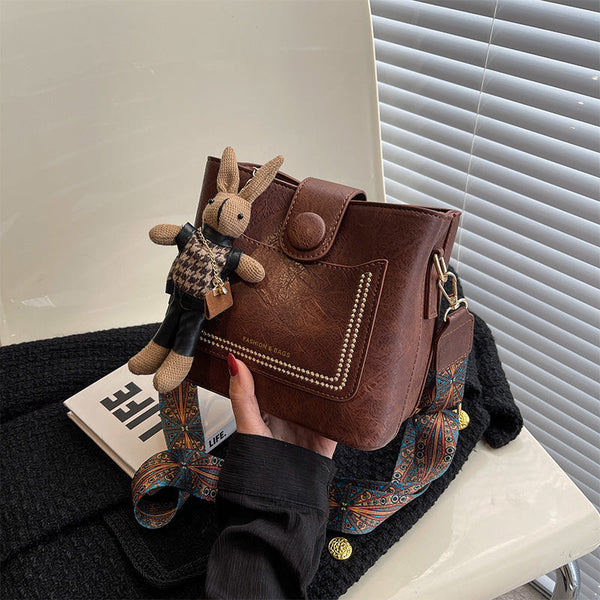 Style Pu Leather Bucket Bag With Wide Patterned Strap & Optional Bunny Charm Black Women's Bags & Handbags