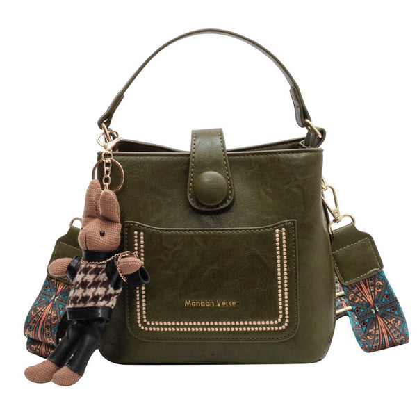 Style Pu Leather Bucket Bag With Wide Patterned Strap & Optional Bunny Charm Green Women's Bags & Handbags