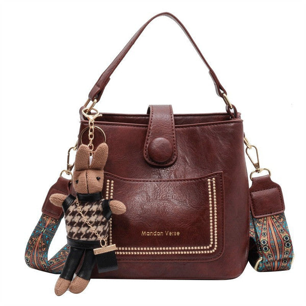 Style Pu Leather Bucket Bag With Wide Patterned Strap & Optional Bunny Charm Red Brown Women's Bags & Handbags