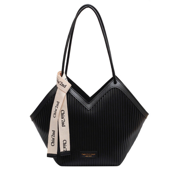 Chic Textured Pu Leather Tote Bag With V Cut Design & Decorative Ribbon Strap Accent Black Women's Bags & Handbags