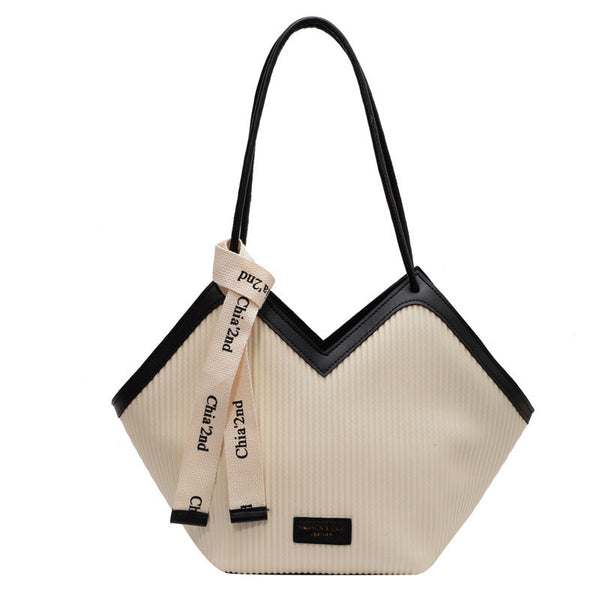Chic Textured Pu Leather Tote Bag With V Cut Design & Decorative Ribbon Strap Accent White Women's Bags & Handbags