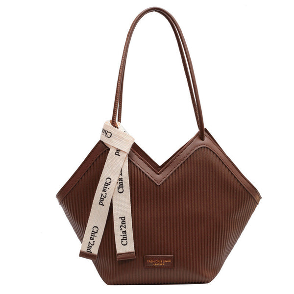 Chic Textured Pu Leather Tote Bag With V Cut Design & Decorative Ribbon Strap Accent Coffee Women's Bags & Handbags