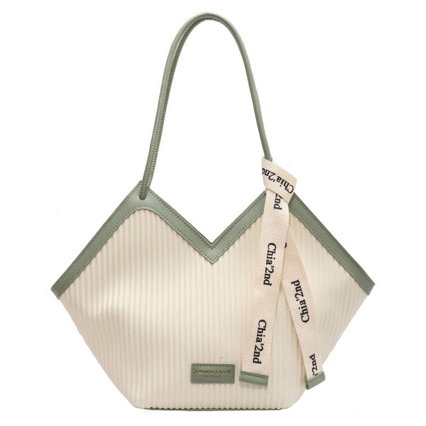 Chic Textured Pu Leather Tote Bag With V Cut Design & Decorative Ribbon Strap Accent Green Women's Bags & Handbags