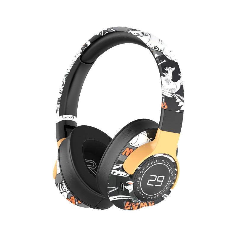 Trendy Graffiti Wireless Over Ear Bluetooth 5.1 Hifi 360 Surround Sound 12H Playtime Low Latency Black Headphones