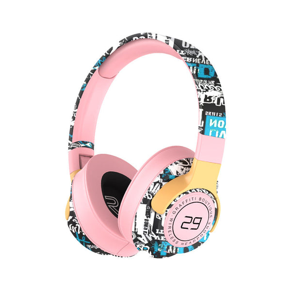 Trendy Graffiti Wireless Over Ear Bluetooth 5.1 Hifi 360 Surround Sound 12H Playtime Low Latency Pink Headphones