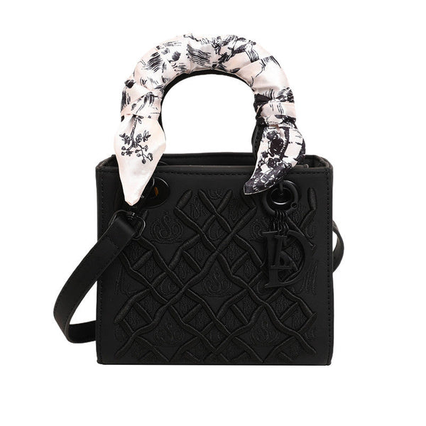 Elegant Embossed Pu Leather Handbag With Scarf Detail Versatile Top Handle & Crossbody Bag Black Women's Bags & Handbags